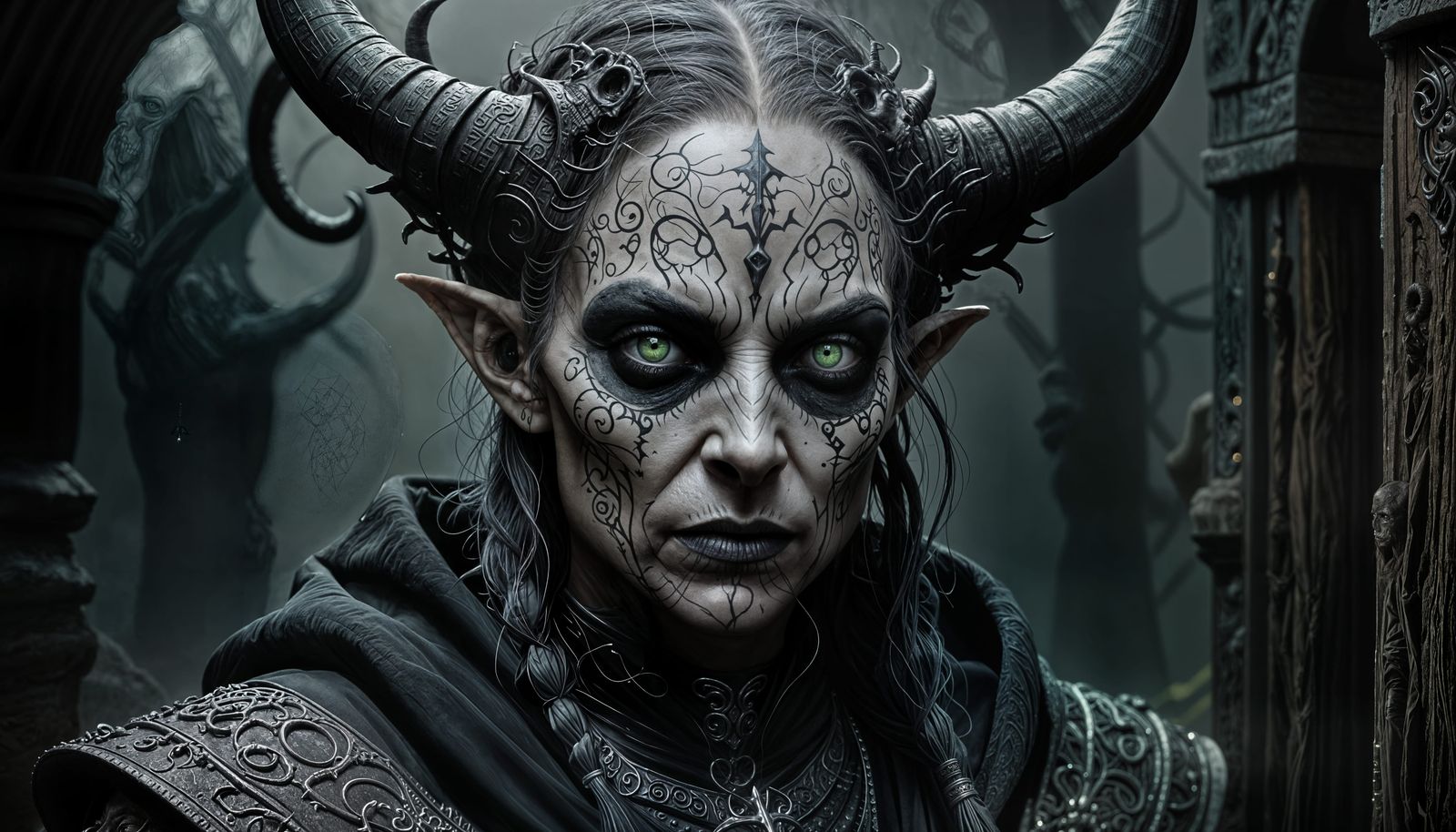 Ethereal Tiefling Necromancer in Midnight Attire