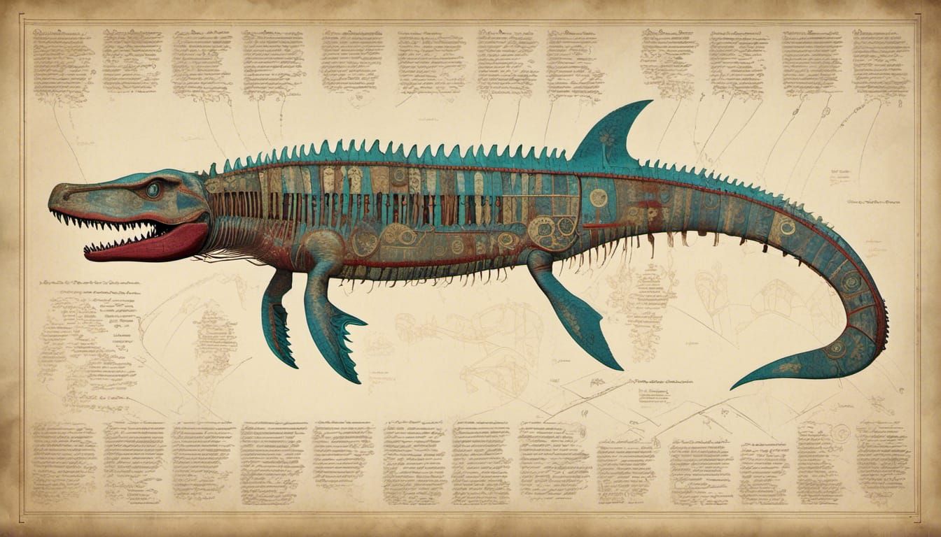 Colossal Mosasaur-Kraken Skeleton Diagram in Junji Ito Style