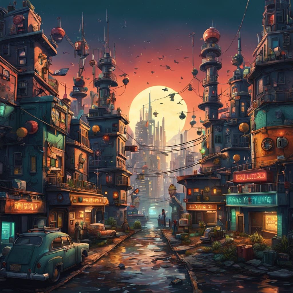 Cyberpunk Dystopian City in Folk-Art Style