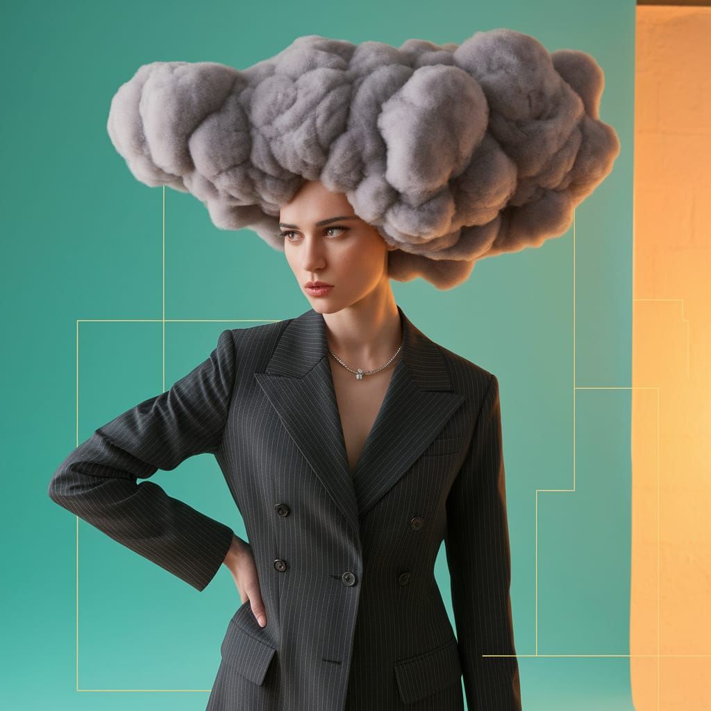 Woman with Cloud Head Minimalist Collage Surrealism Turquois...