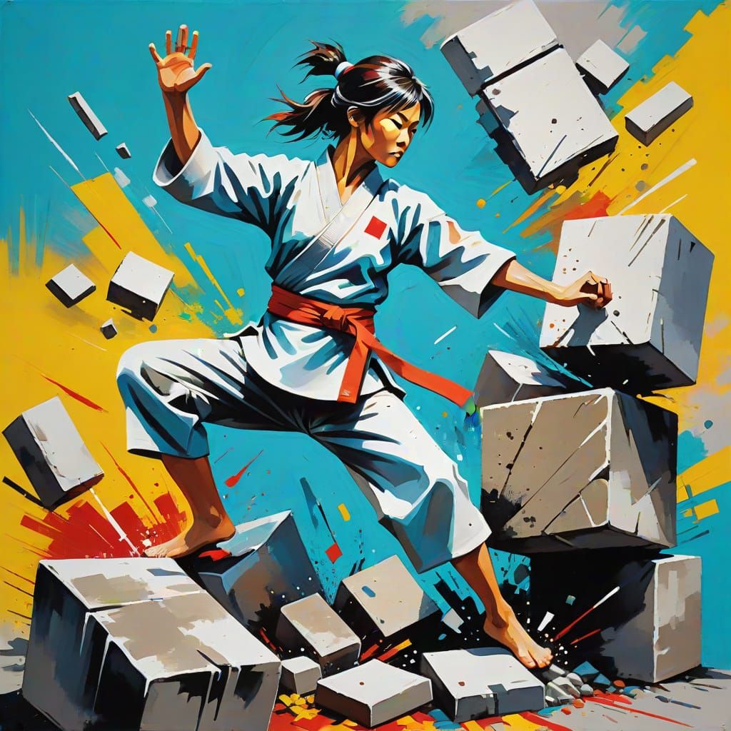 Dynamic Karateka Acrylic Painting with Sumi-e Influences