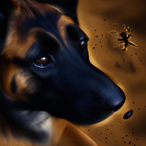 portrait of a calm belgian malinois face portrait on the ground, watching a black spider passing across in front ot the ...