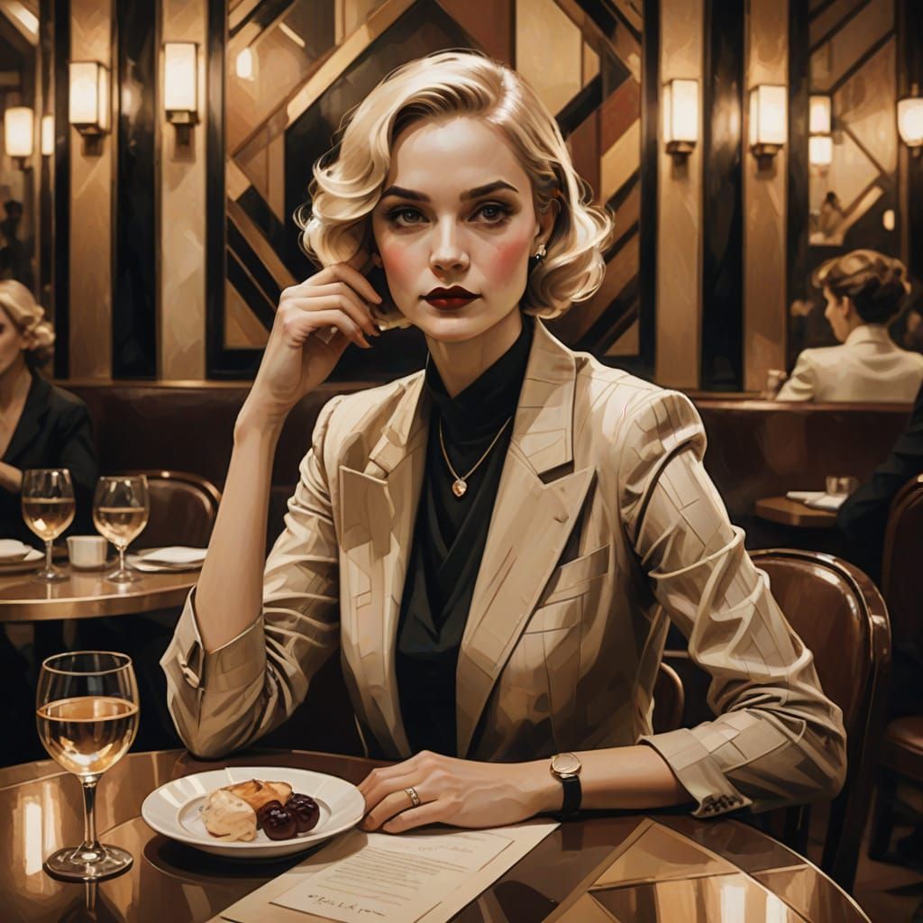 Elegant Woman in Art Deco Café Scene