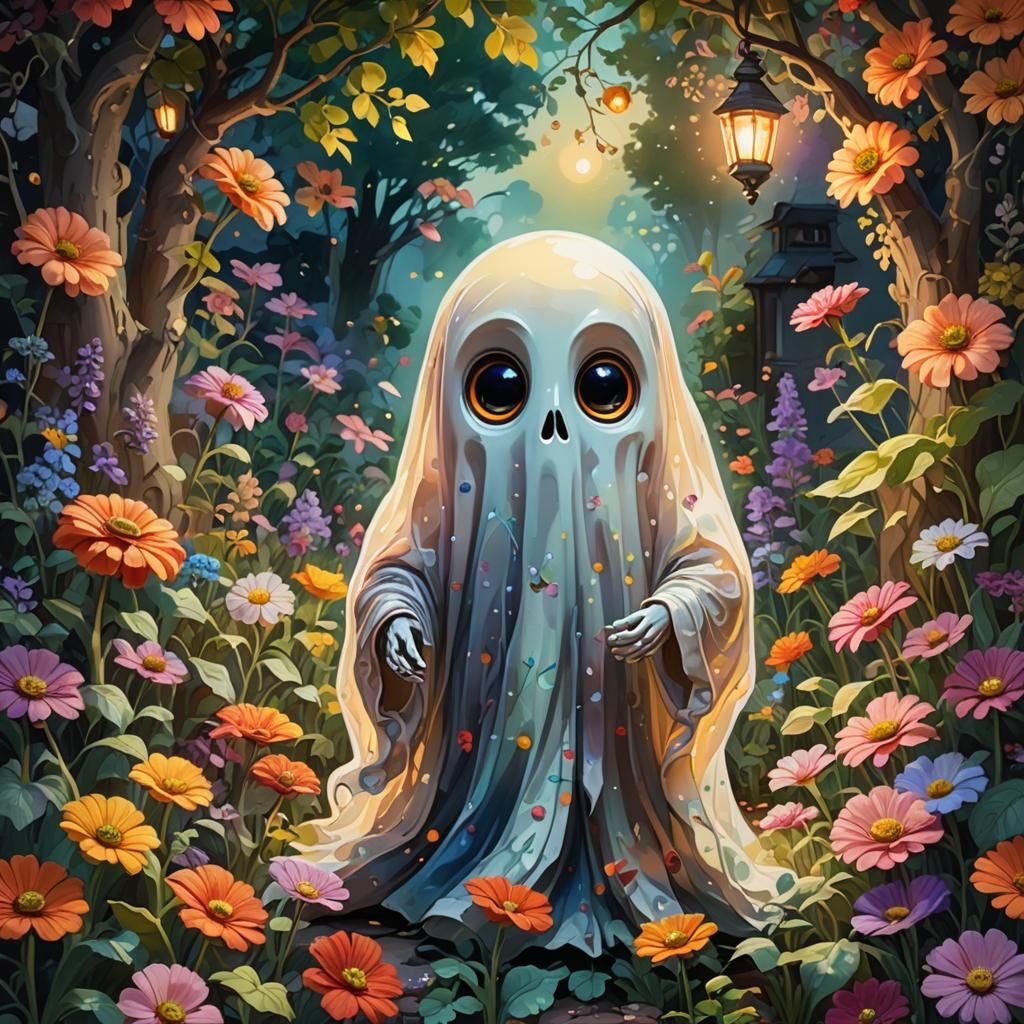 Big-Eyed Ghost in Garden with Vibrant Flowers
