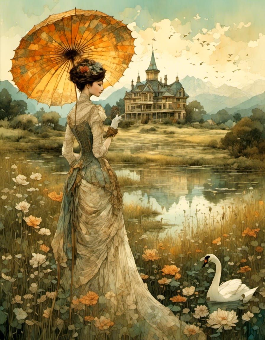 Victorian Lady in Meadow, Pre-Raphaelite Style