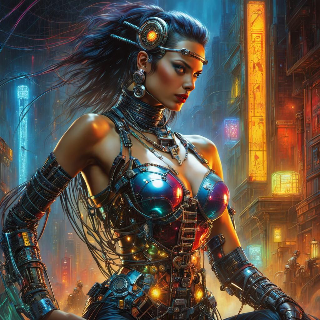 Attractive Cyborg Woman in Cyberpunk City Ruins