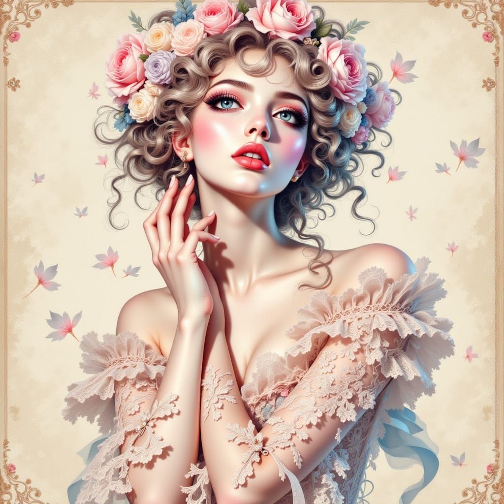 Rococo Nymph Fantasy in Swirling Lace and Ink