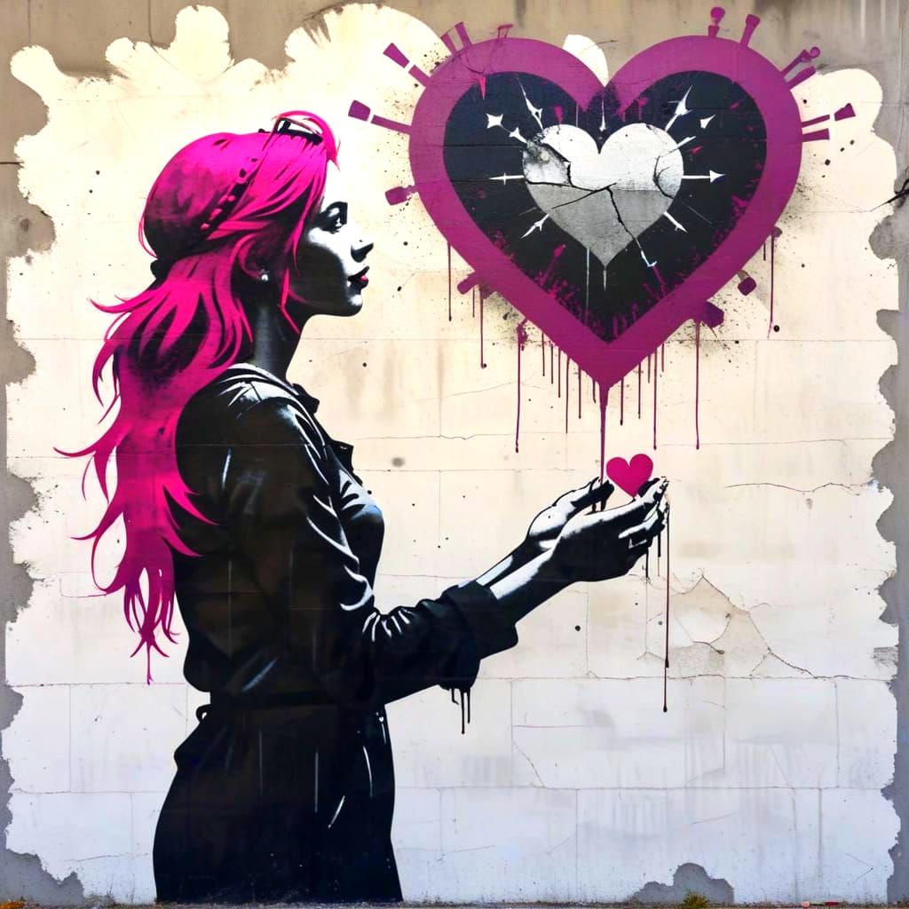 Banksy Style Graffiti: Woman with Heart Cloud