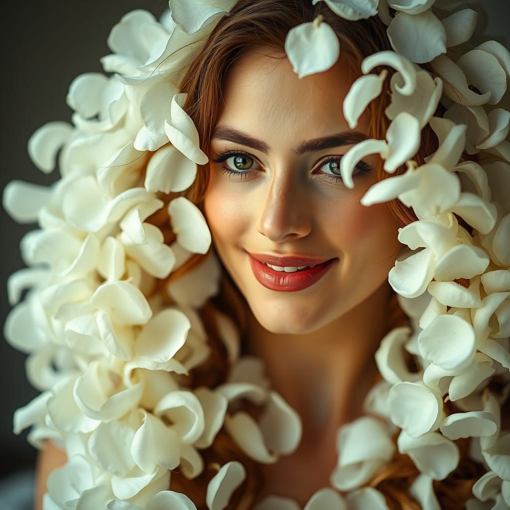 Woman in White Petals: Ethereal Tranquility