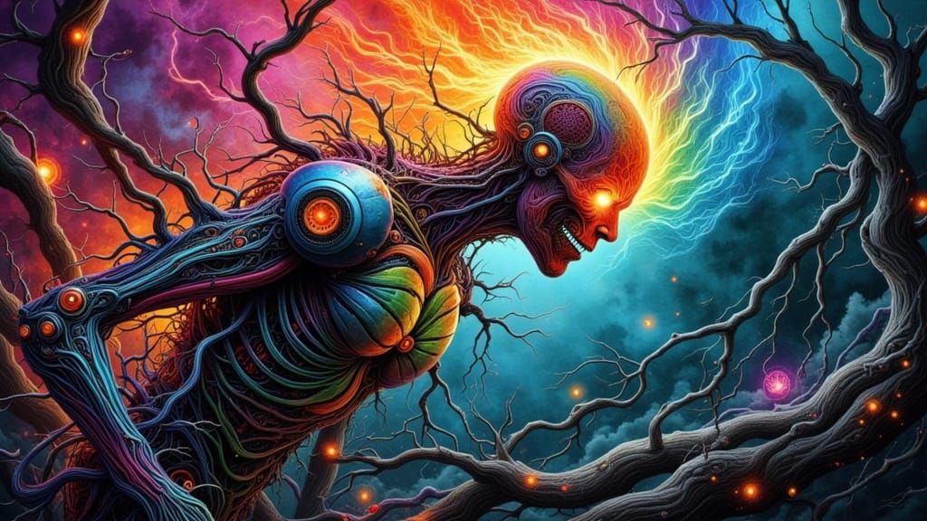 Biomechanical Android with Rainbow Flames and Thorns