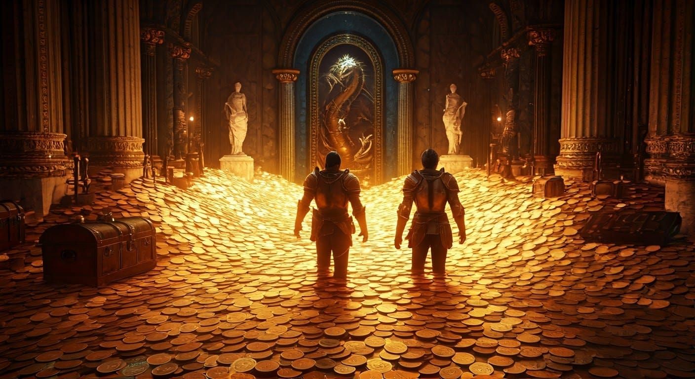 Surreal Treasure Vault Scene with Adventurers Amidst Golden...