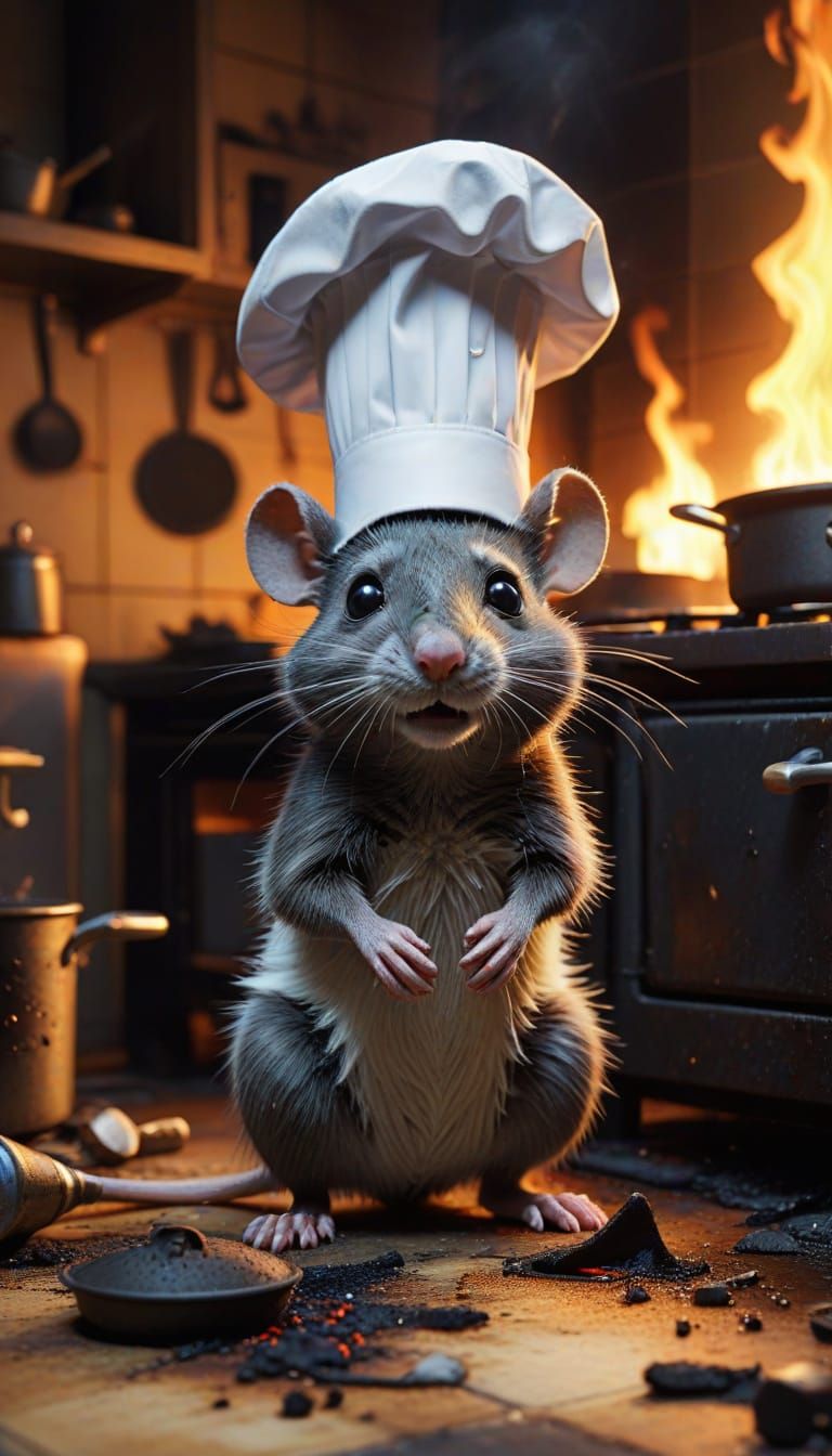Cartoon Rat Chef in Charred Kitchen, Pixar-style