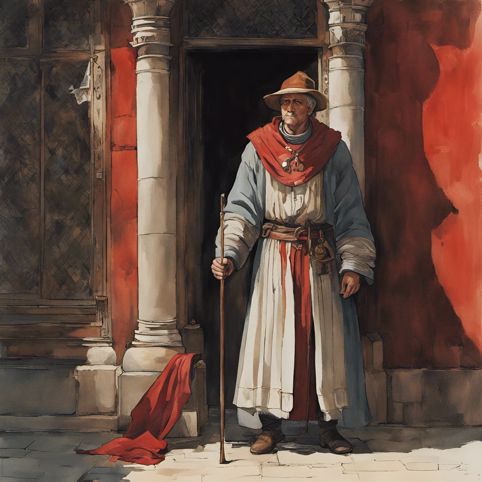 Crippled Man in Red Cloak: Ghibli Watercolor