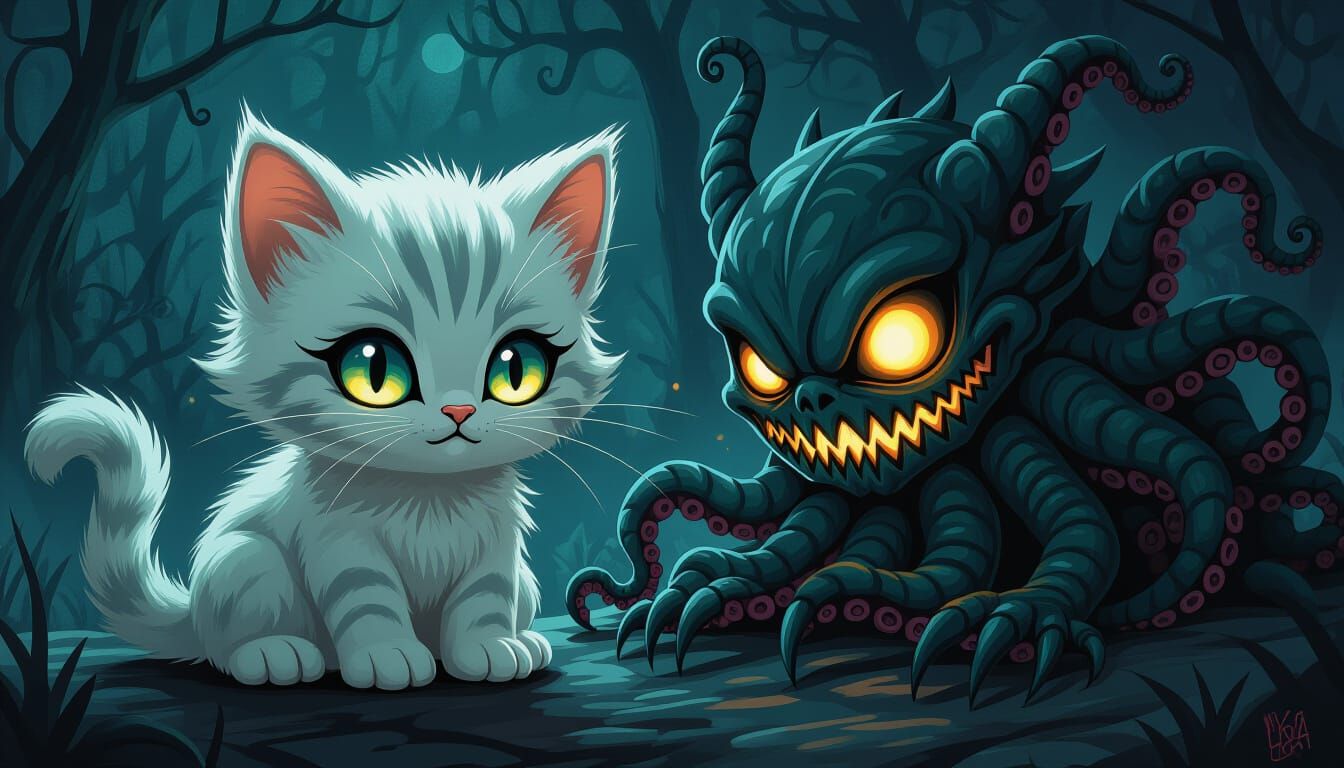 Eerie Kitten Plushie Lurks with Eldritch Monster