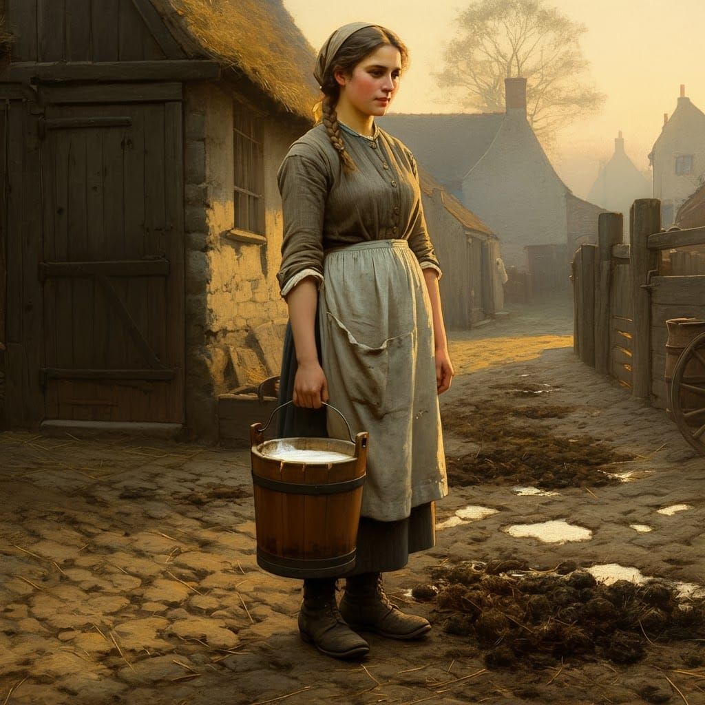 Dairy Maid in Farmyard: 19th Century Oil Painting