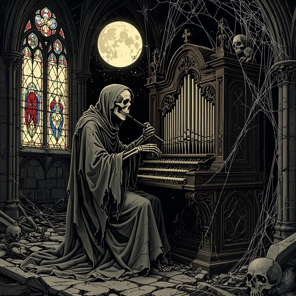 Gothic Skeletal Organist in Ruined Cathedral