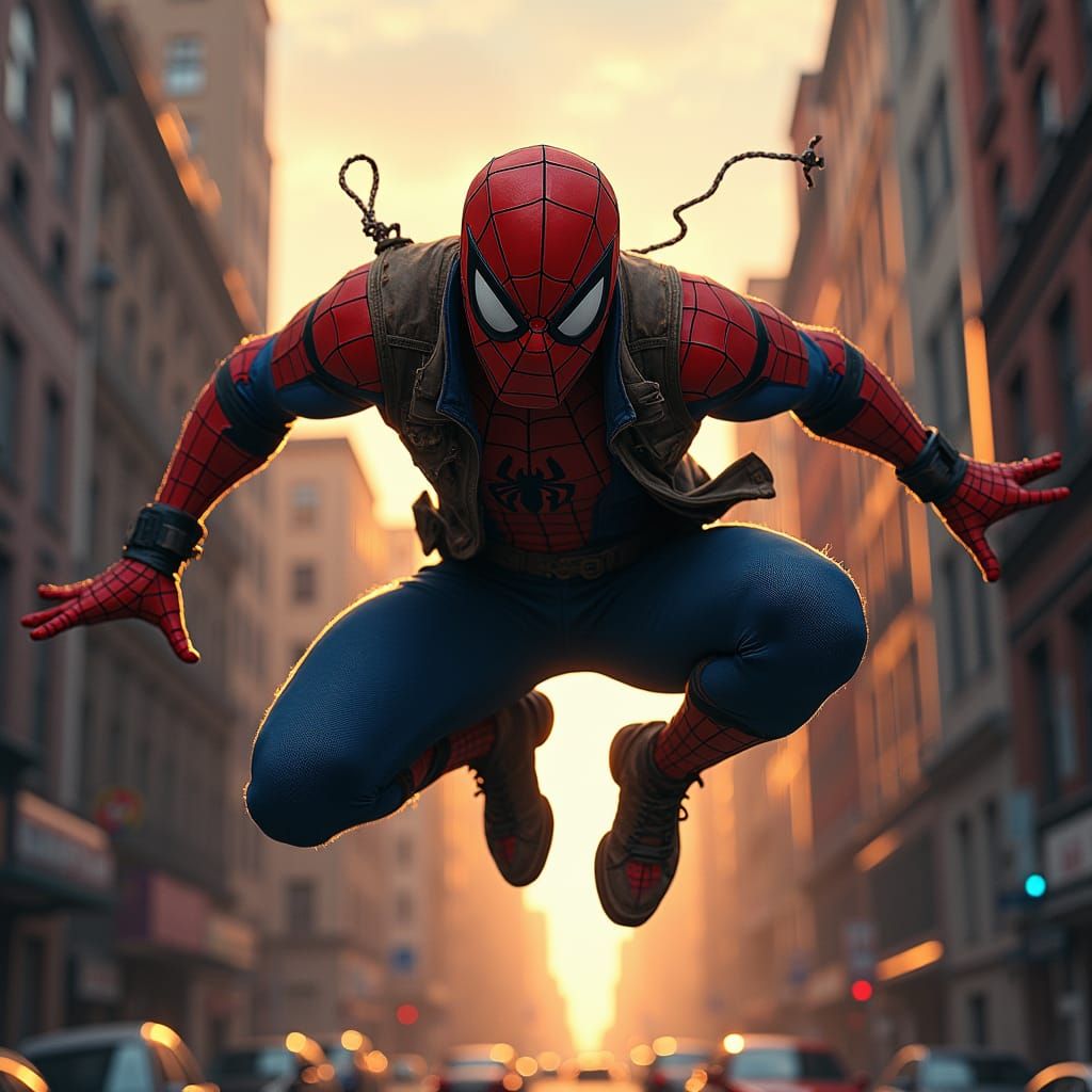 Dynamic Spiderman in Gritty Cityscape Comic Art