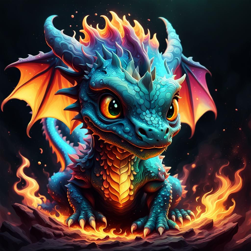 Adorable Baby Dragon in Colorful Flames