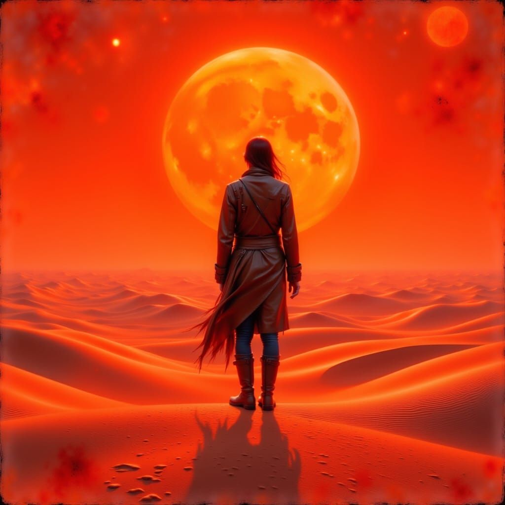 Surreal Desert Landscape Under Burning Sky