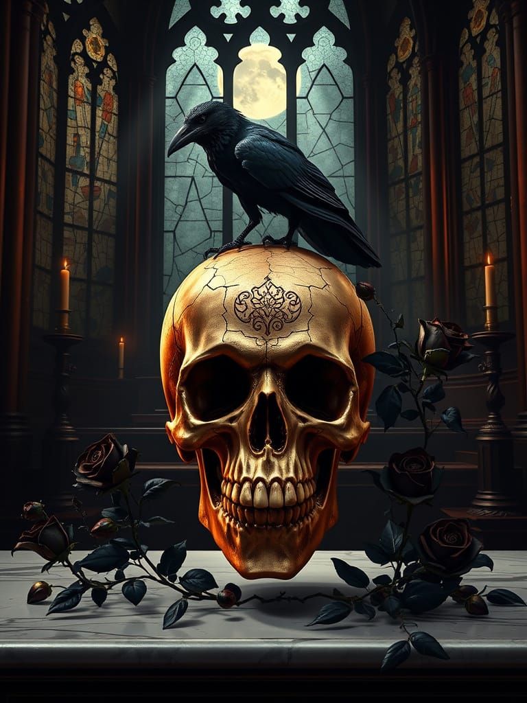 Gothic Baroque Skull on a Candlelit Cathedral Altar