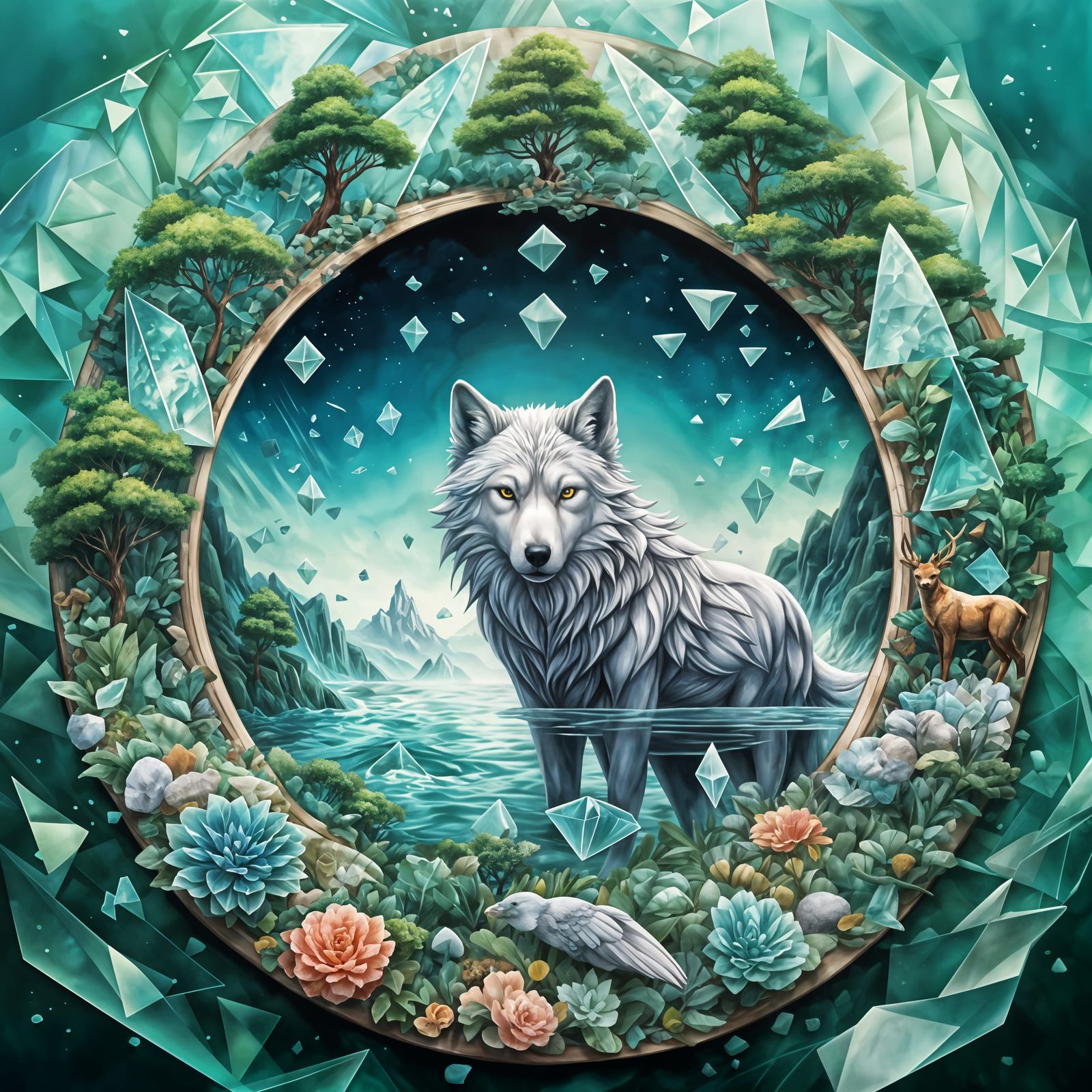 Sea Glass Mosaic: Forest Waterfall with Majestic Animals