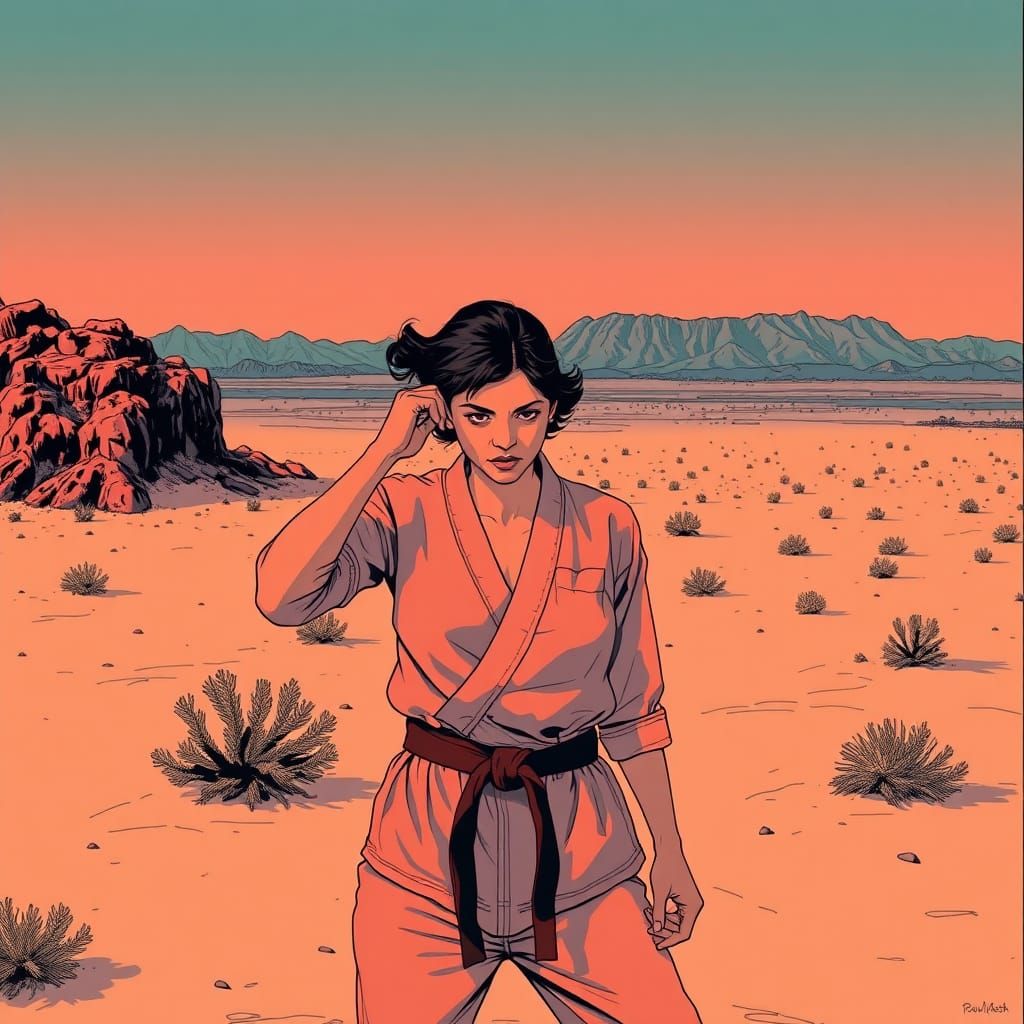 Karate Girl in Mojave Desert, Surrealist Style