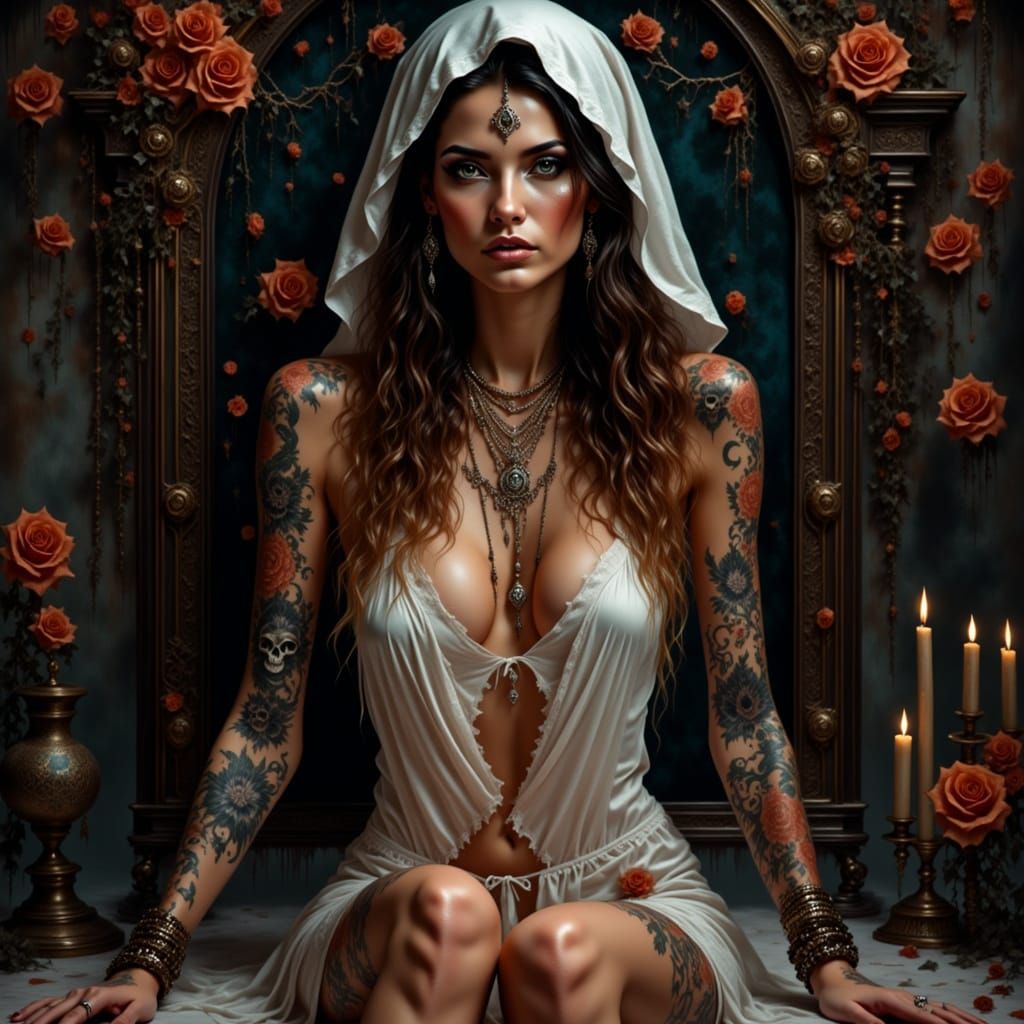 Gothic Woman with Flower Tattoos in Futuristic Room