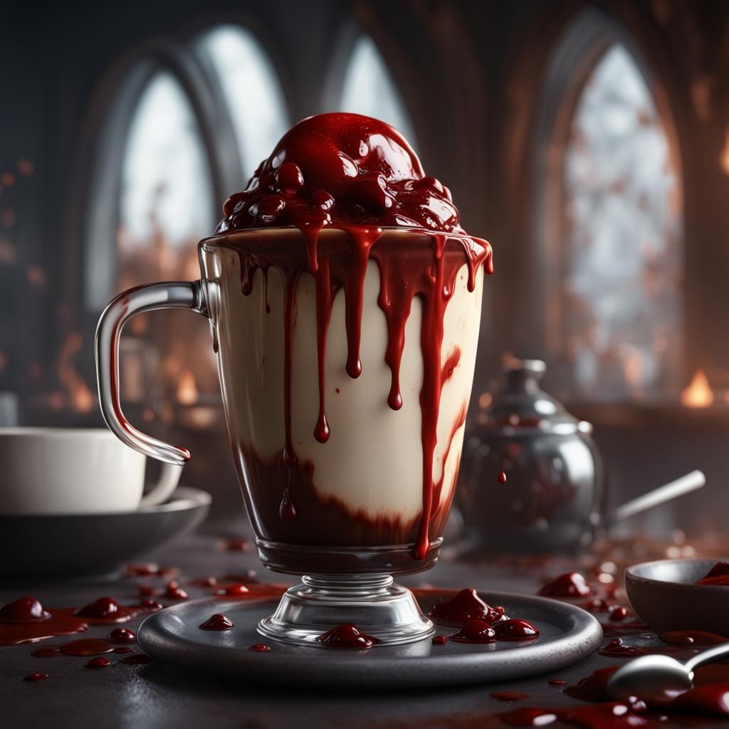 Coffee Affogato with Dripping Blood: Detailed Digital Art