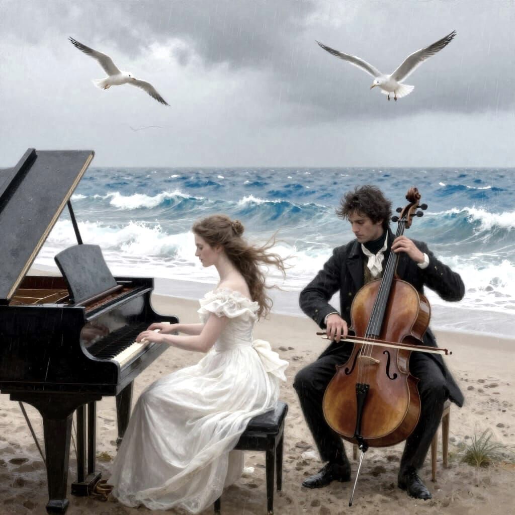 Regency Couple Plays Music on Rainy Beach