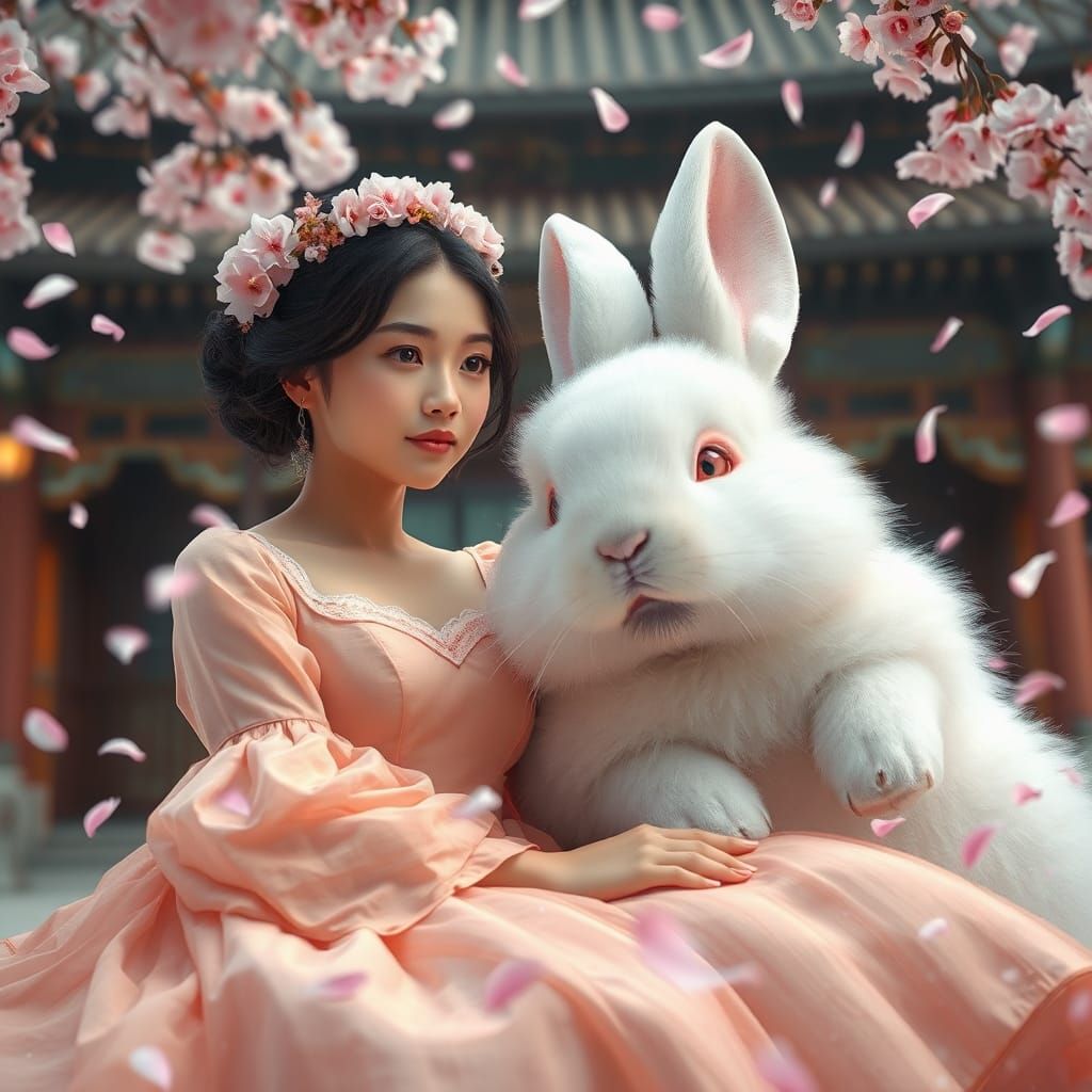 Woman and Rabbit in Enchanting Cherry Blossom Scene
