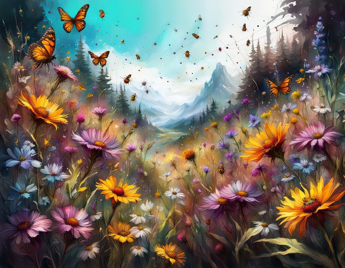 Butterflies and Bees on Wildflowers, Carne Griffiths Style