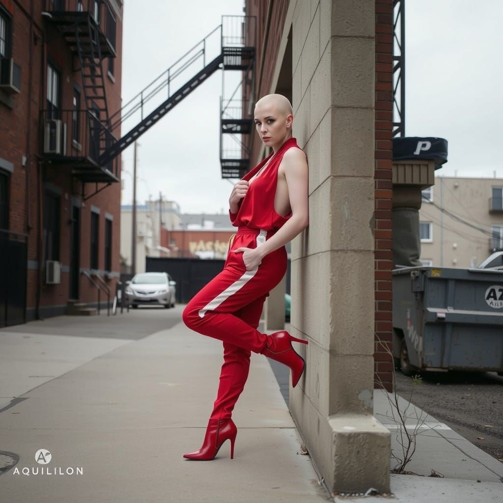 Woman with Shaved Head in Red Outfit Against Concrete Wall