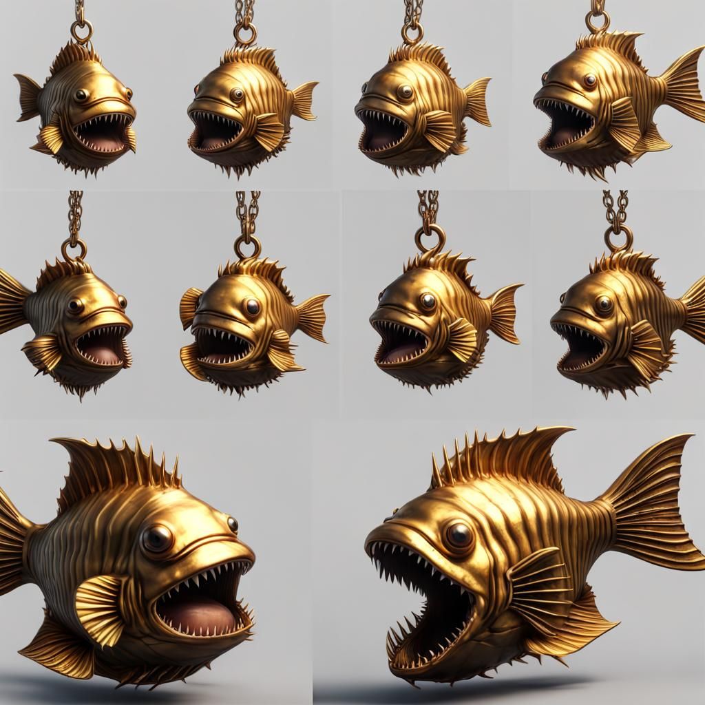 Golden Angler Fish Pendant in 3D Style