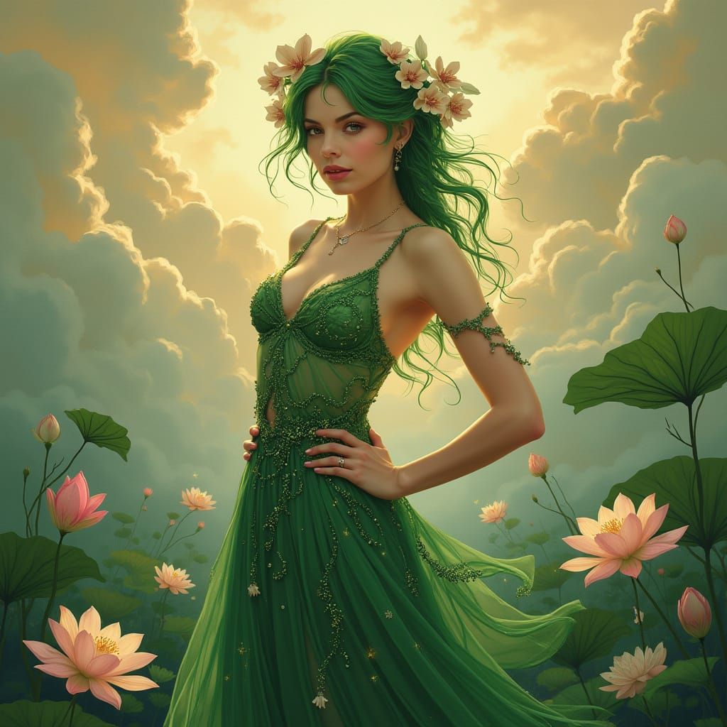Elegant Woman with Green Hair in Pre-Raphaelite Style