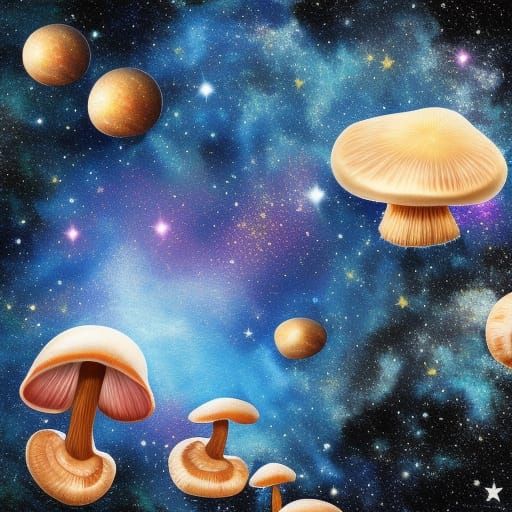 Surreal Galaxy Mushrooms Under Starry Sky