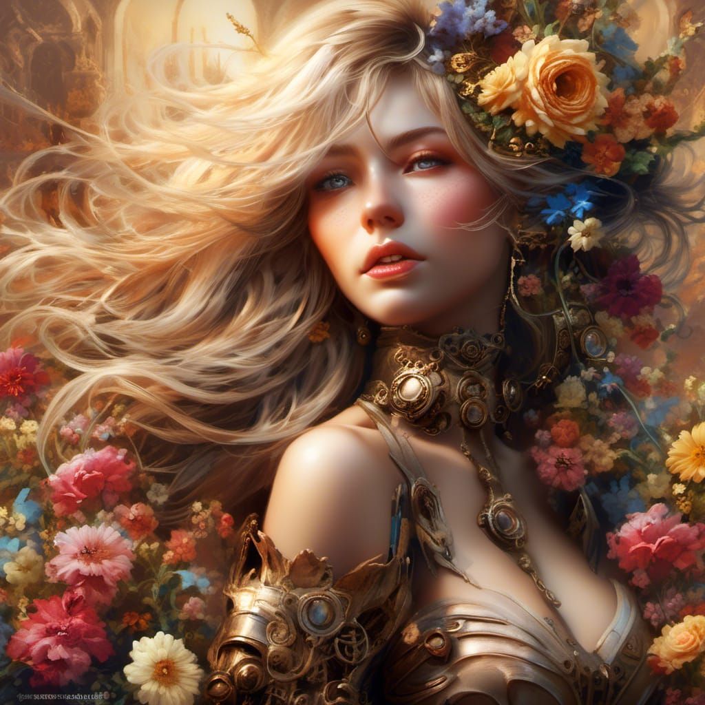 Steampunk Beauty Surrounded by Flowers
