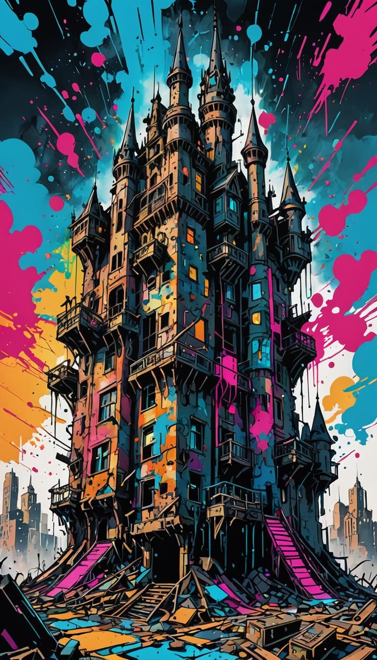 Ink Punk Castle Floating Over Dystopian City