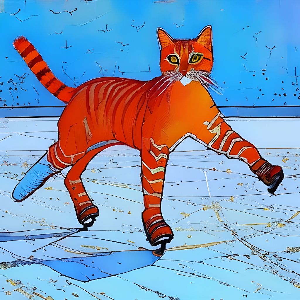 Ginger Cat Ice Skating: Watercolor and Ink Art