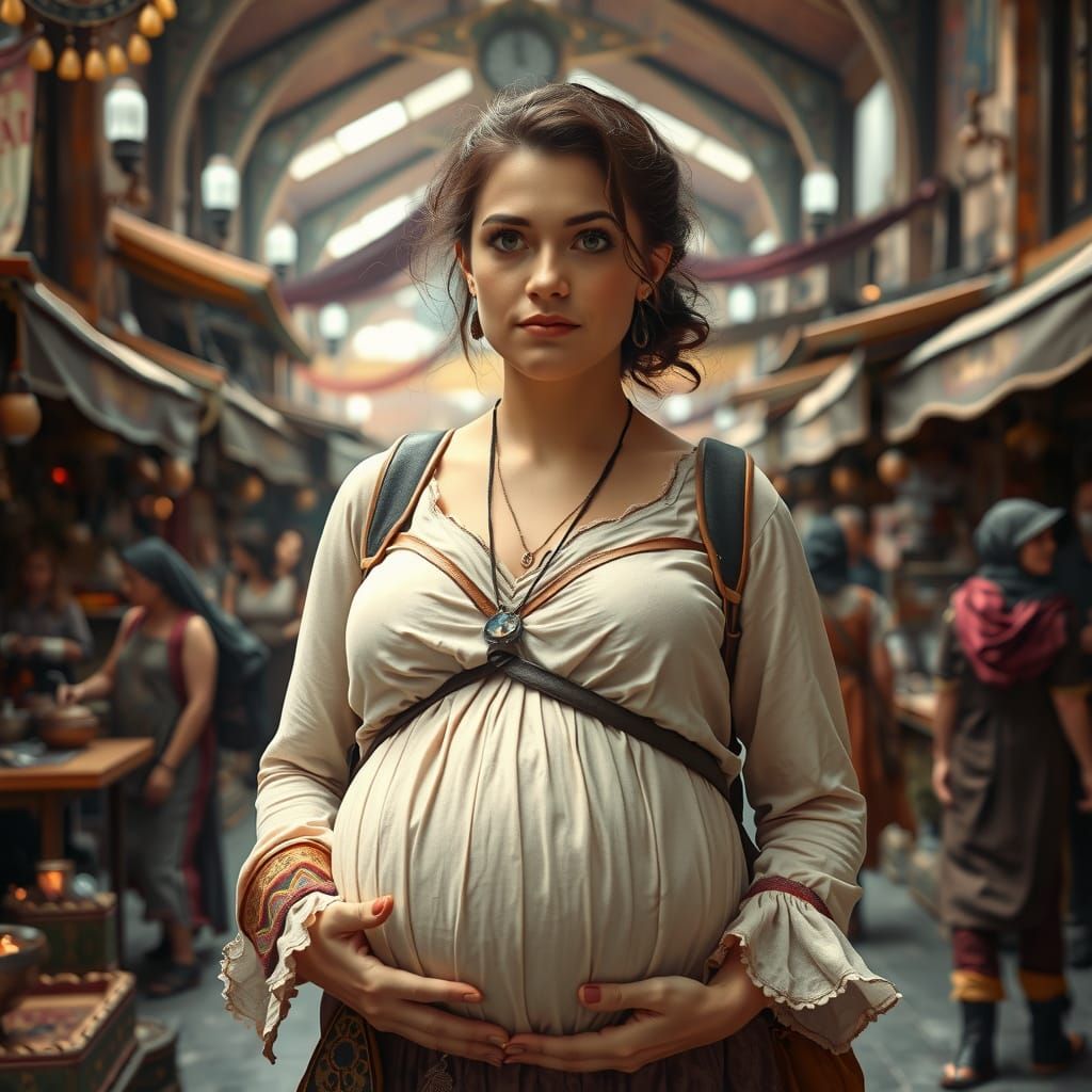 Pregnant Time Traveler in Bustling Historical Marketplace