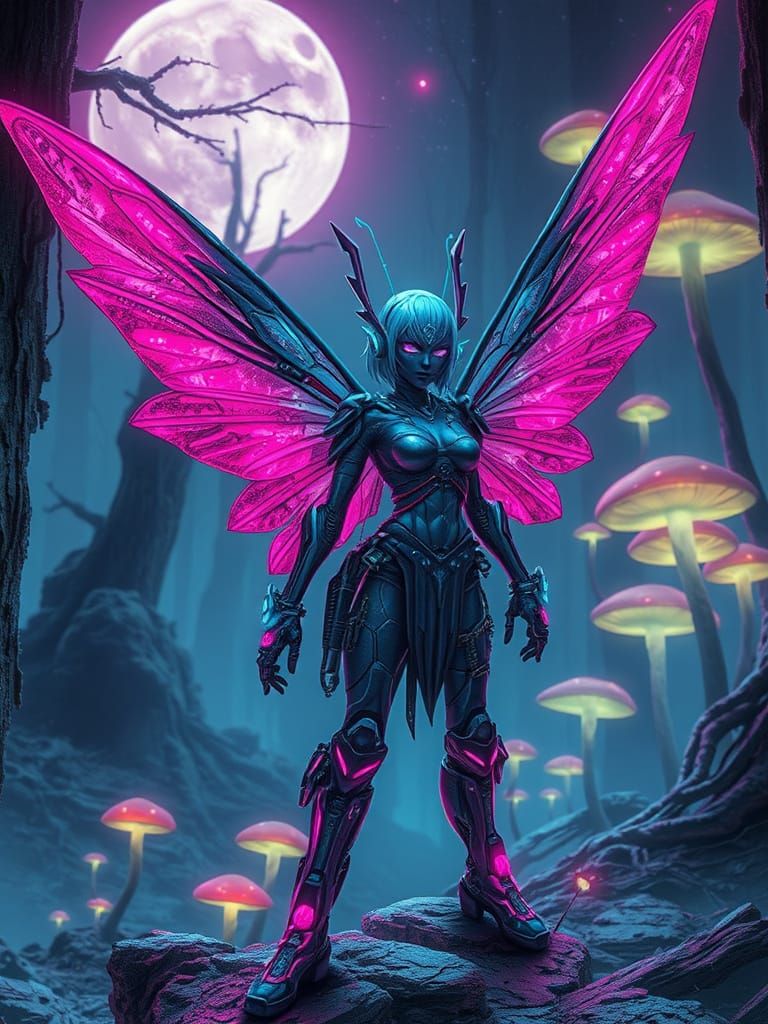 Cyberpunk Cyborg Fairy in Radioactive Neon Forest