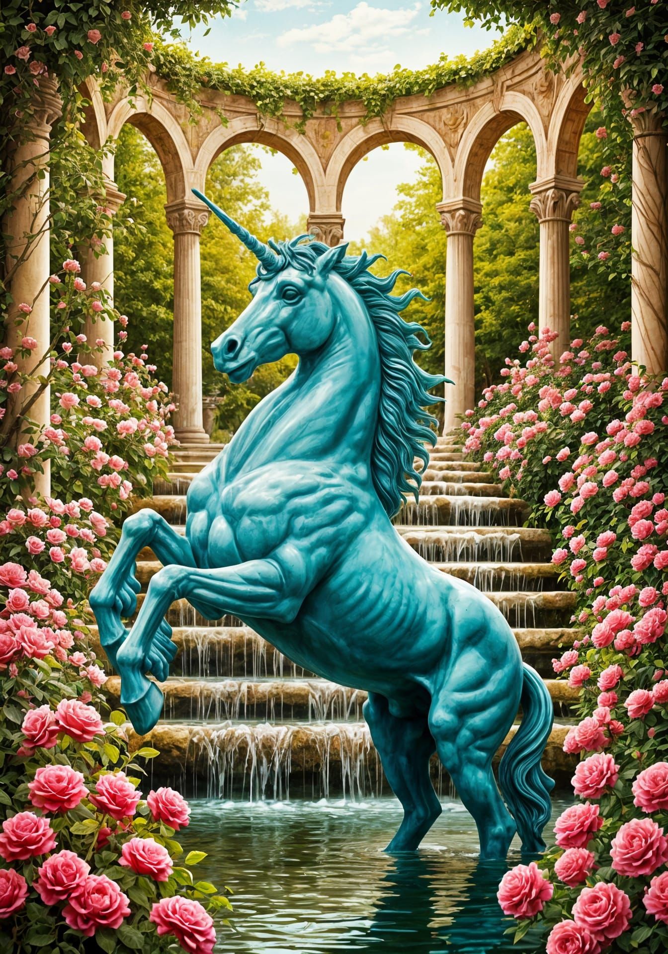 Bronze Unicorn Fountain in Lush Rose Garden