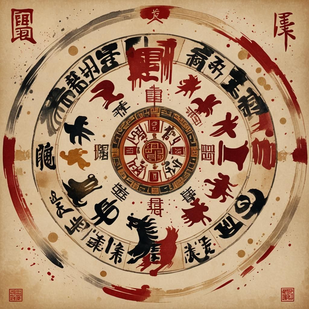 Ornate Chinese Zodiac Wheel in Calligraphy Style