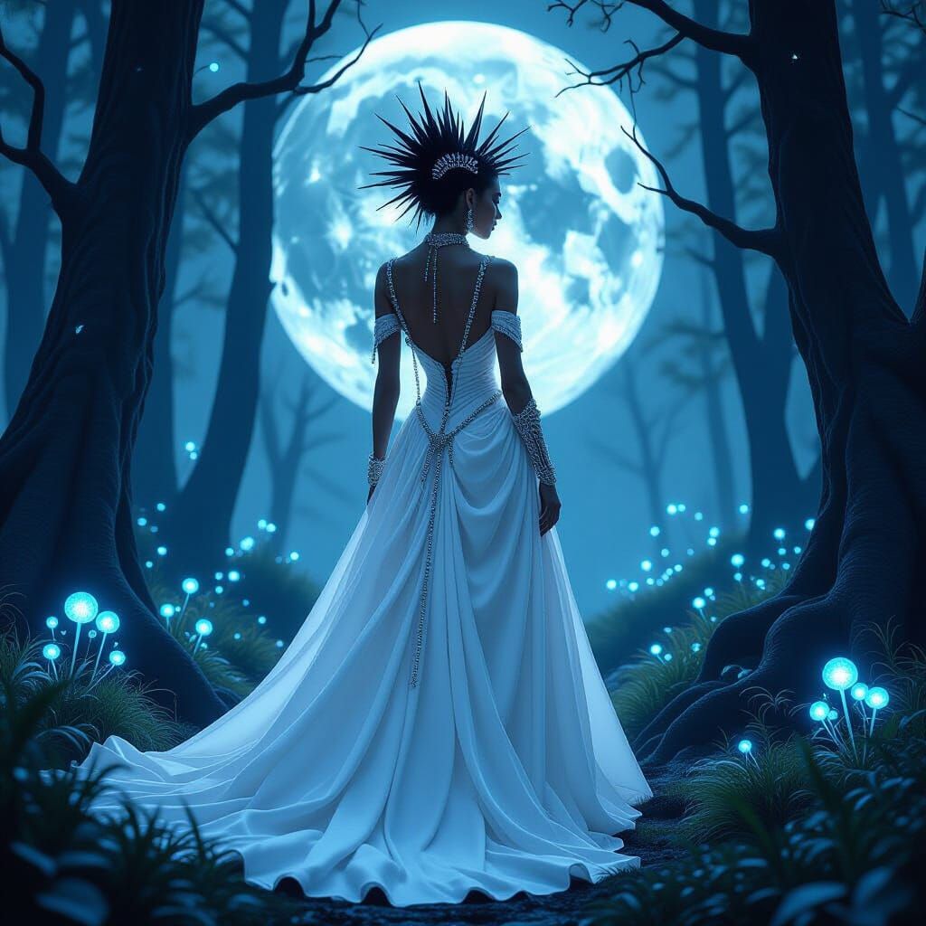 Goth Goddess in Moonlit Forest: Dark Fantasy Art