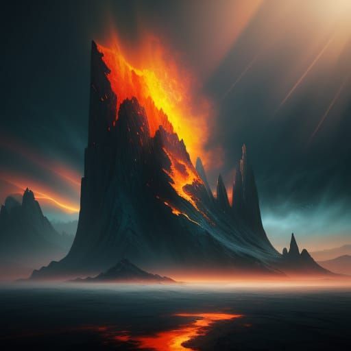 Fantastical Fiery Moonscape with Abstract Sculpture