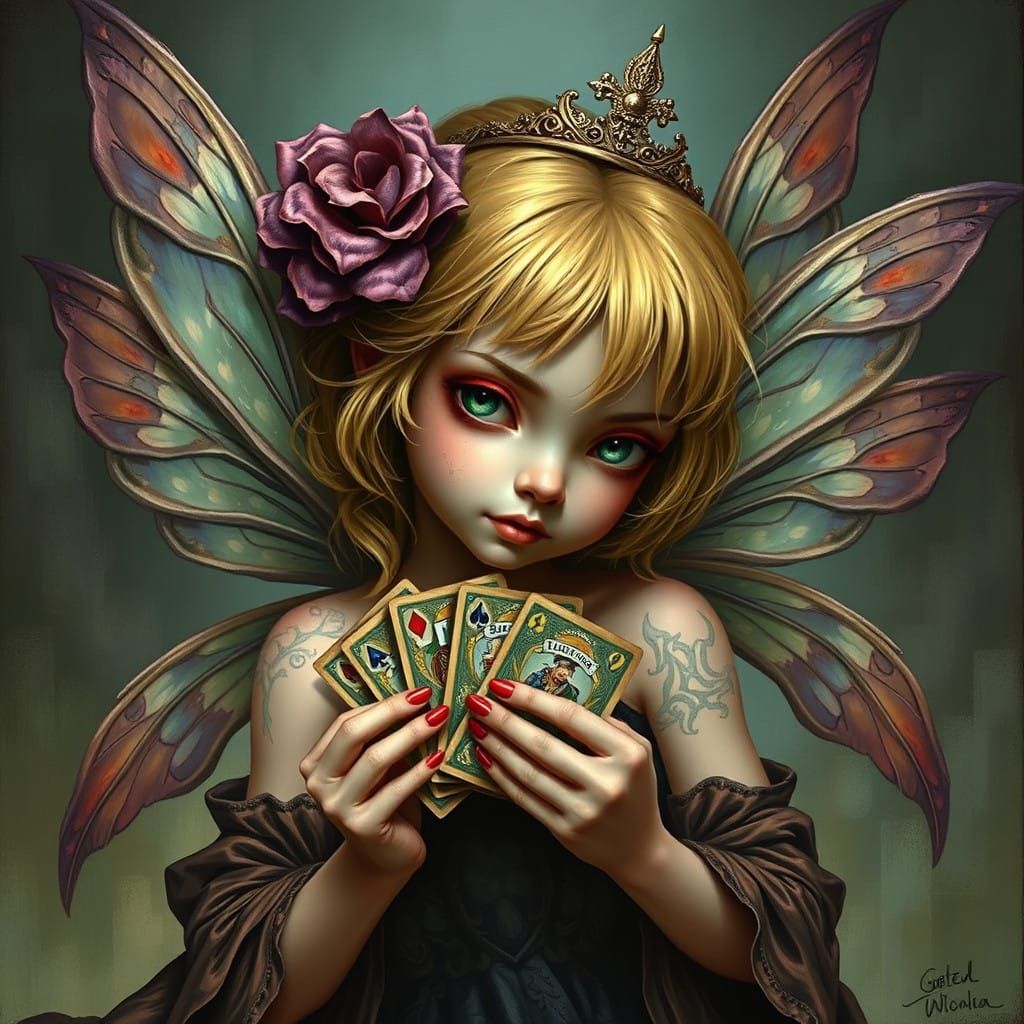 Surreal Pixie Holding Cards in a Gothic Masterpiece