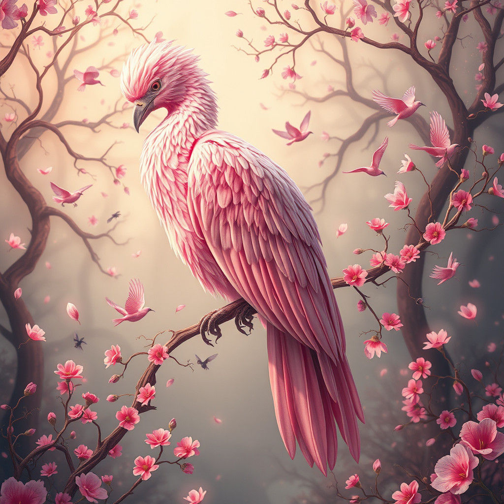 Majestic Pink Bird in Dreamlike Fairy-Tale Forest