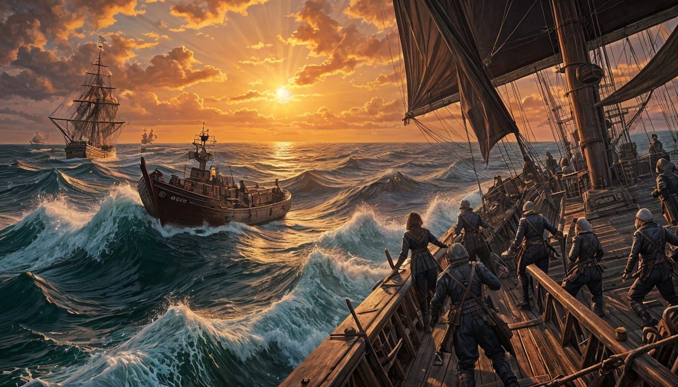 Captain Blackhart's Ship on Raging Sea: Oil Painting
