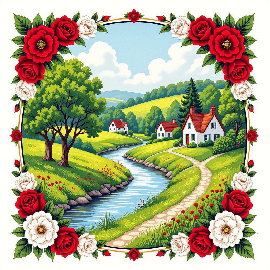 Summer Landscape with River and Roses in Colored Pencil Styl...
