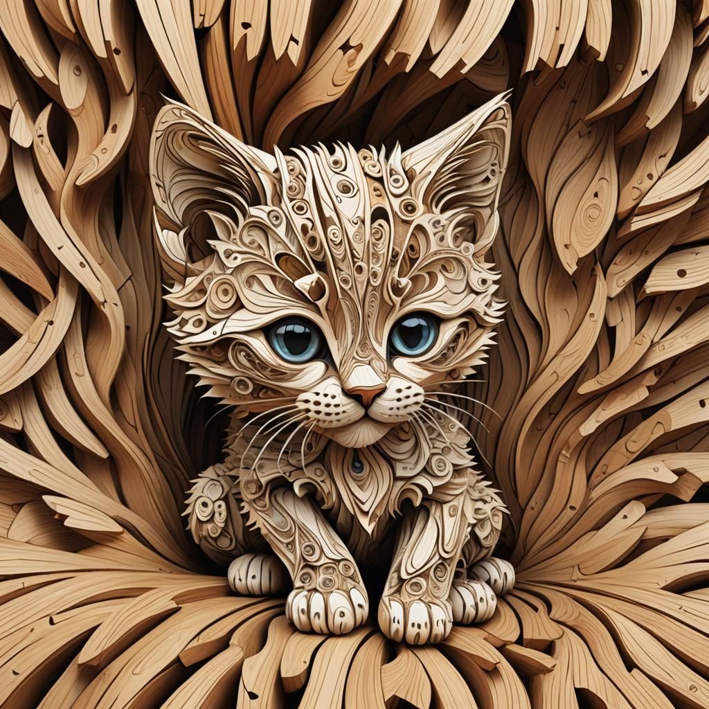 Wooden Kitten with Abstract Fractal Design