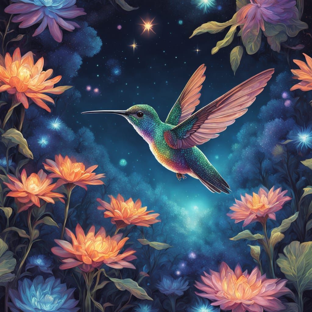 Celestial Hummingbird in Vibrant Cosmic Garden